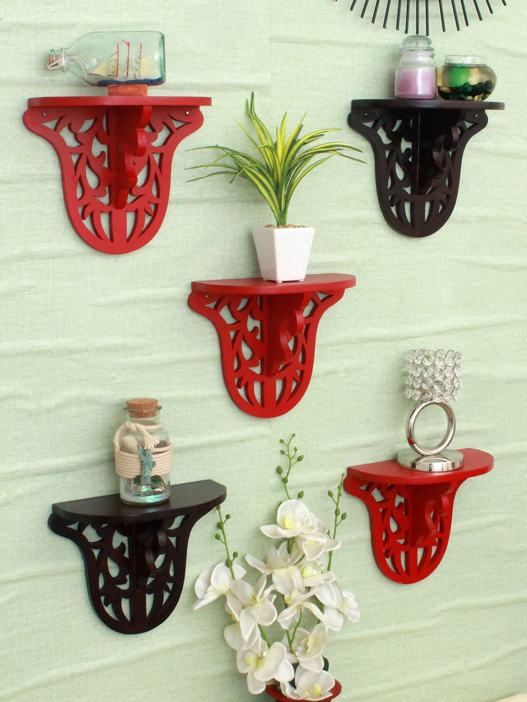 Home Sparkle Set of 5 Red & Brown Carved Wall Shelf Price in India