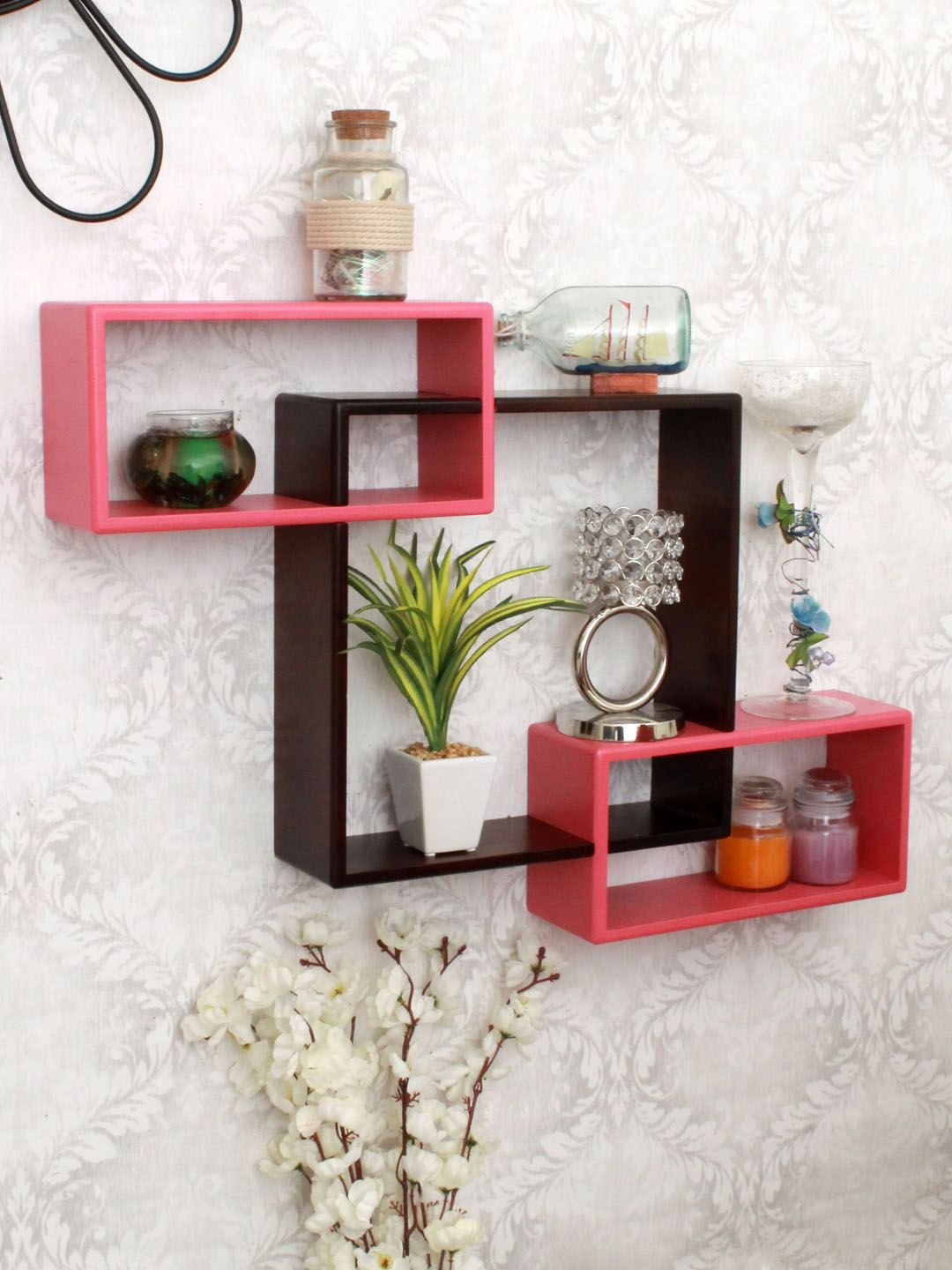 Home Sparkle Brown & Pink Wooden Intersecting Wall Shelf Price in India