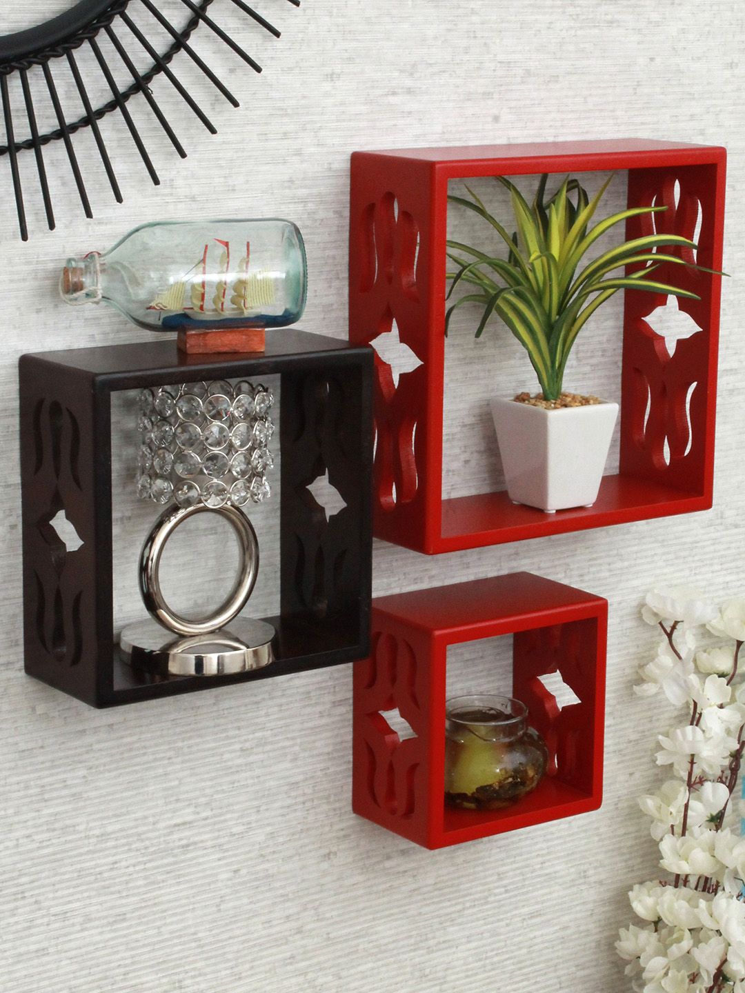 Home Sparkle Set Of 3 Red & Brown MDF Wooden Wall Shelves Price in India