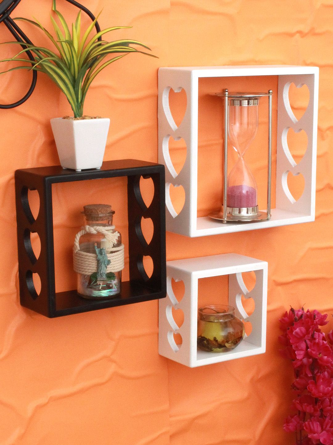 Home Sparkle White and Black Wood Set of 3 Decorative Wall Mounted Cube Shelves Rack Price in India