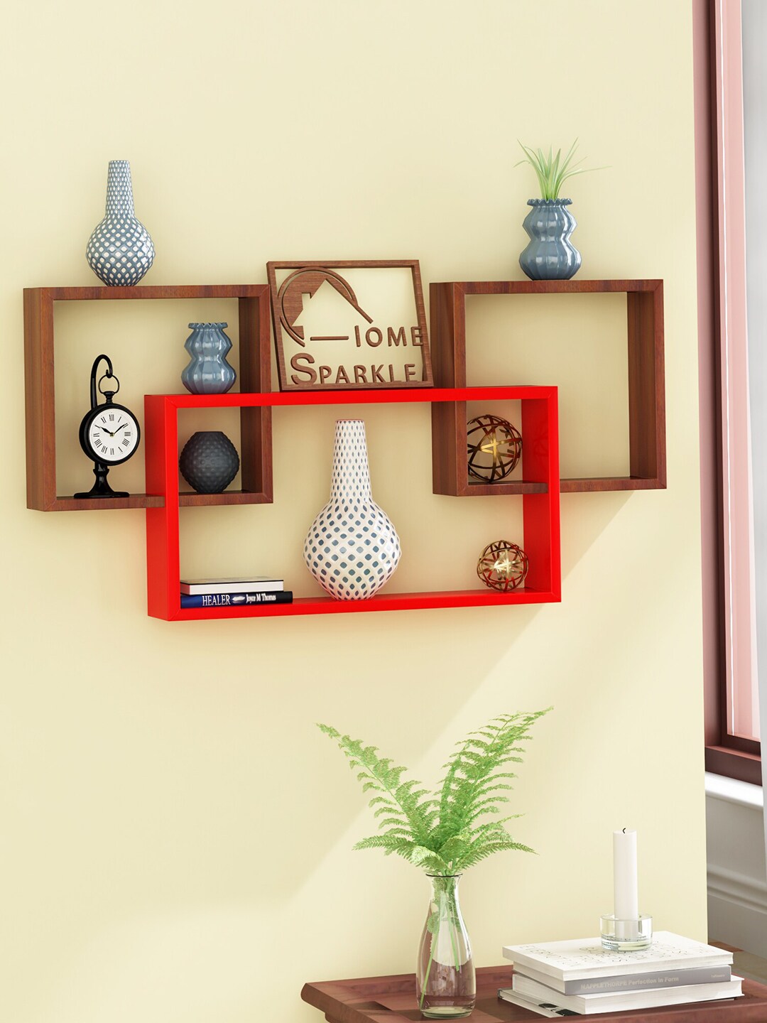 Home Sparkle Red & Brown Wood Mosaic Wall Shelf Price in India