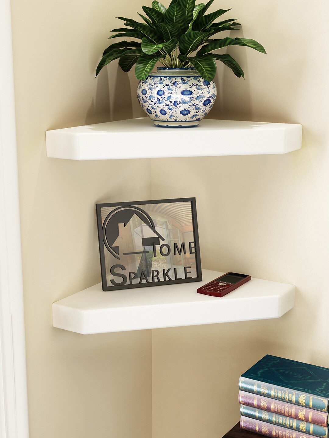 Home Sparkle Pack Of 2 White Solid Wooden Corner Wall Shelves Price in India