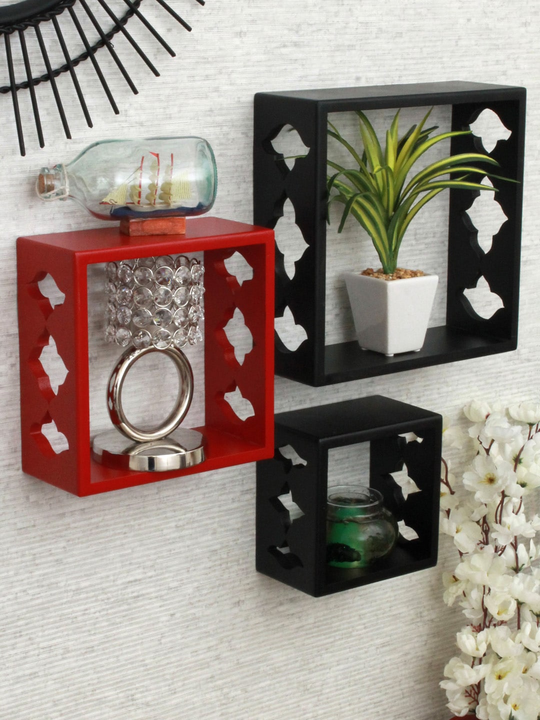 Home Sparkle Set Of 3 Black & Red MDF Wooden Wall Shelves Price in India