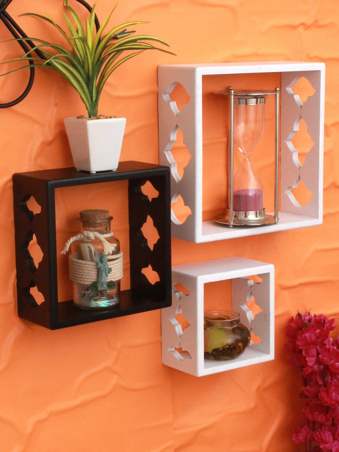 Home Sparkle Pack of 3 White & Black Wooden Wall Shelves Price in India