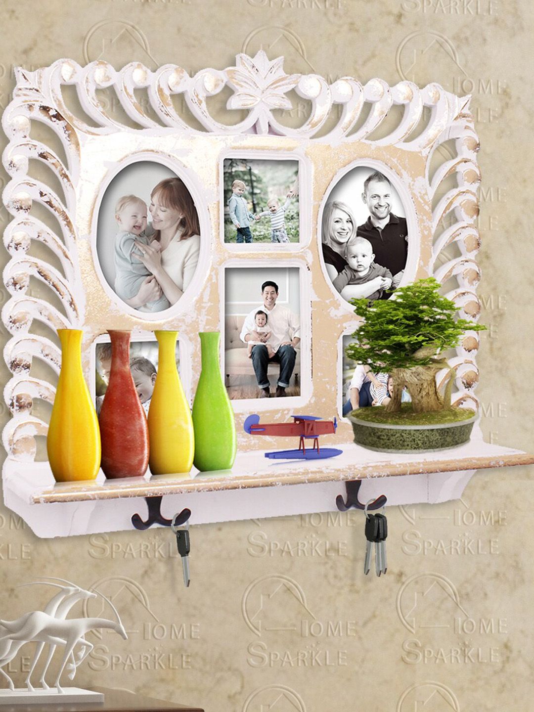 Home Sparkle Gold-Toned Wooden Wall Shelf With Photoframe & Hooks Price in India