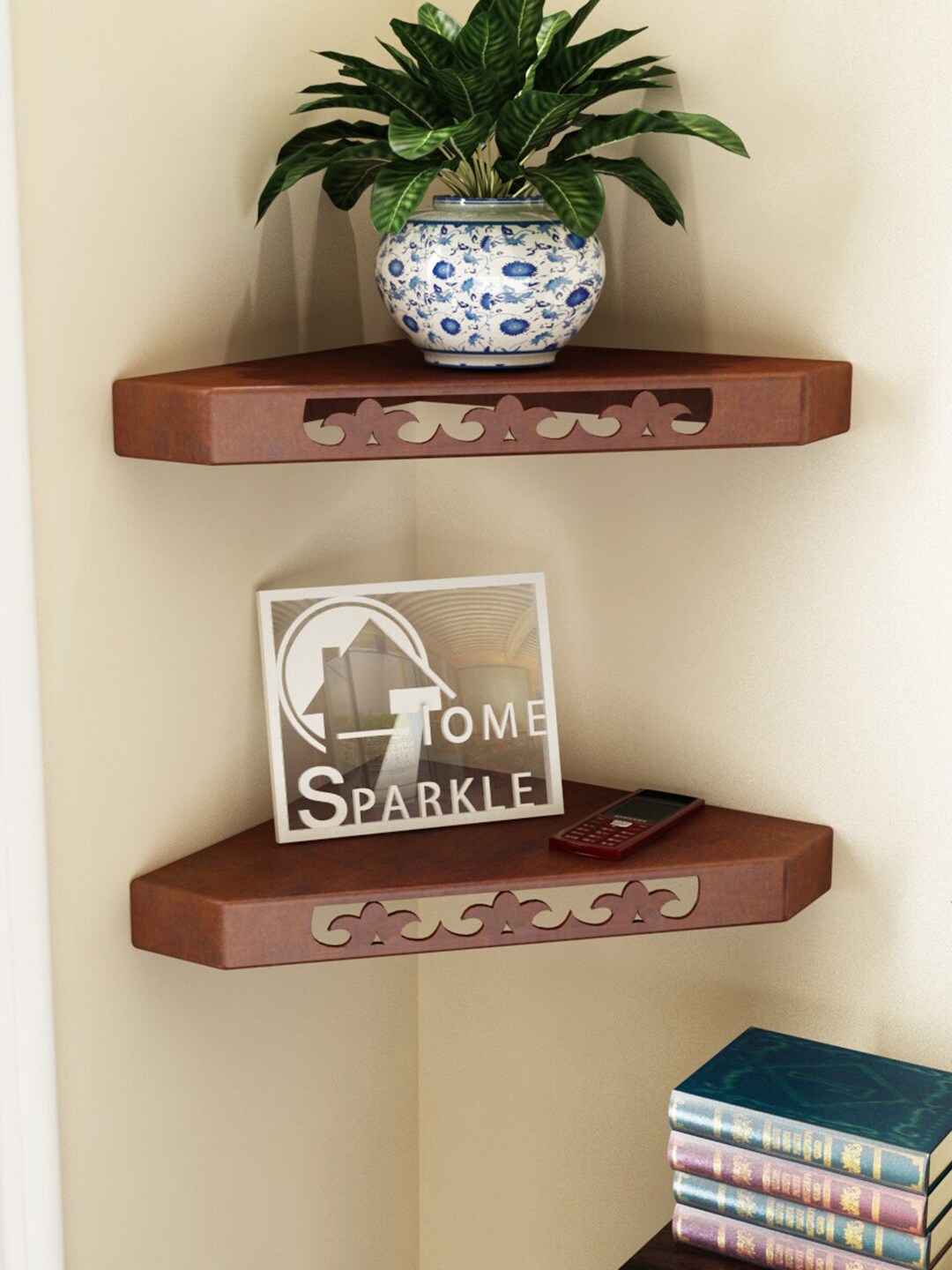 Home Sparkle Set Of 2 Brown Carved Wooden Wall Shelves Price in India