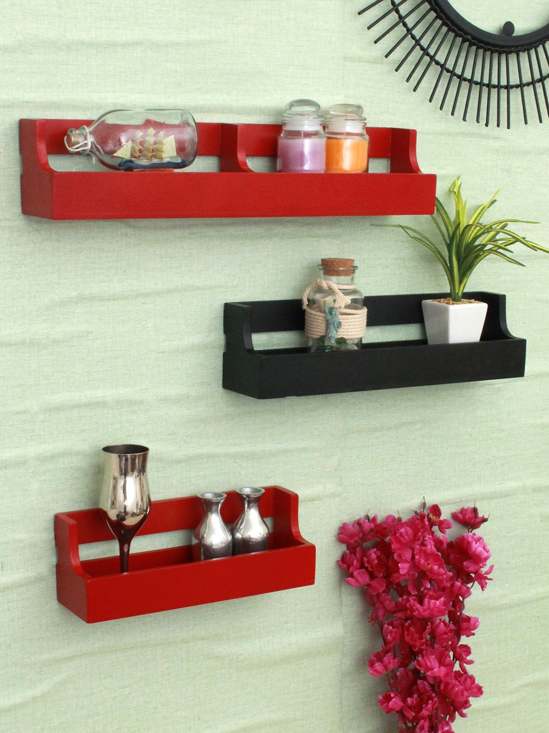 Home Sparkle Set Of 3 Red & Black Solid Wall Shelves Price in India