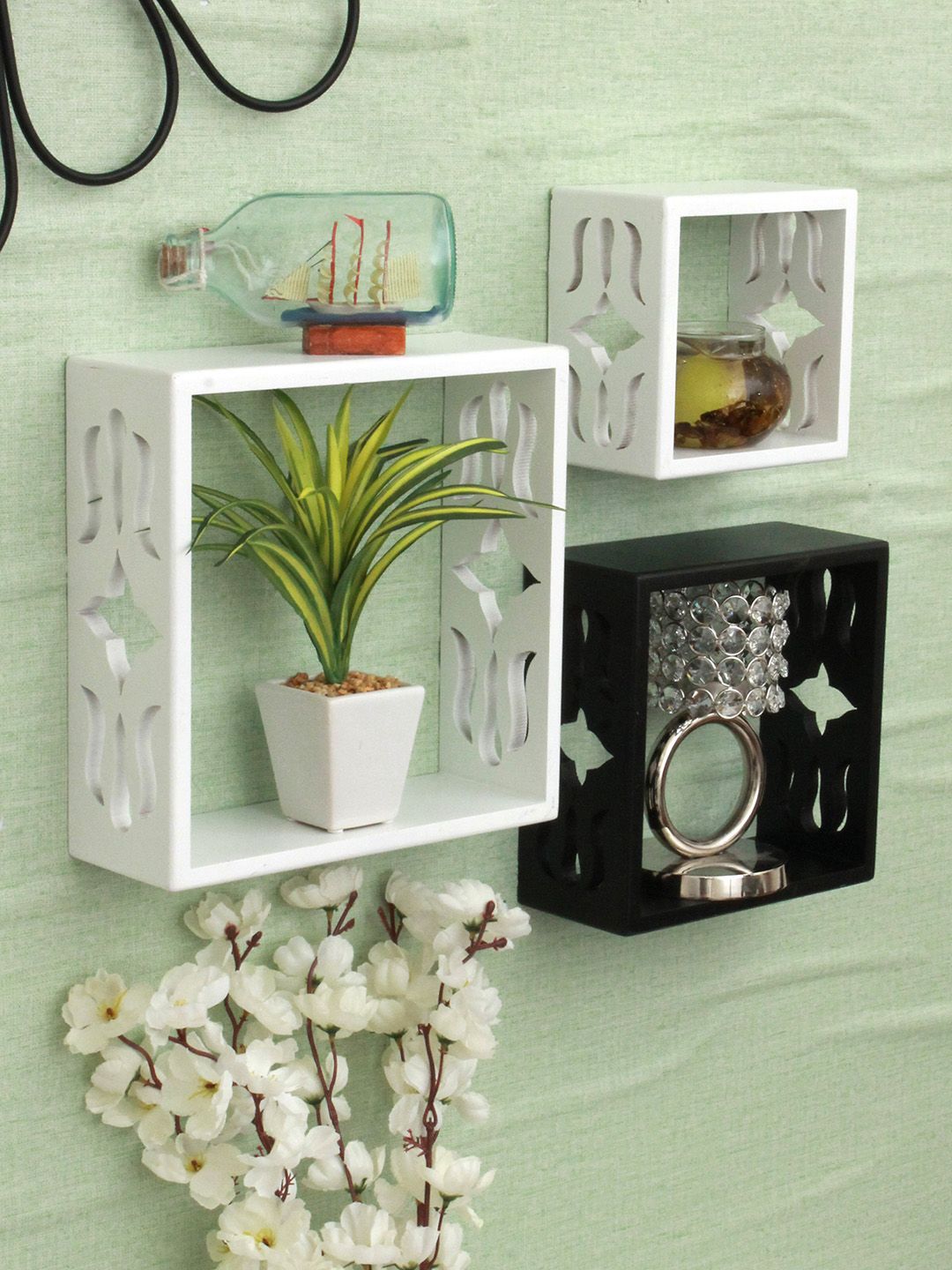 Home Sparkle Set Of 3 MDF Decorative Wall Mounted Cube Pocket Wall Shelves Price in India