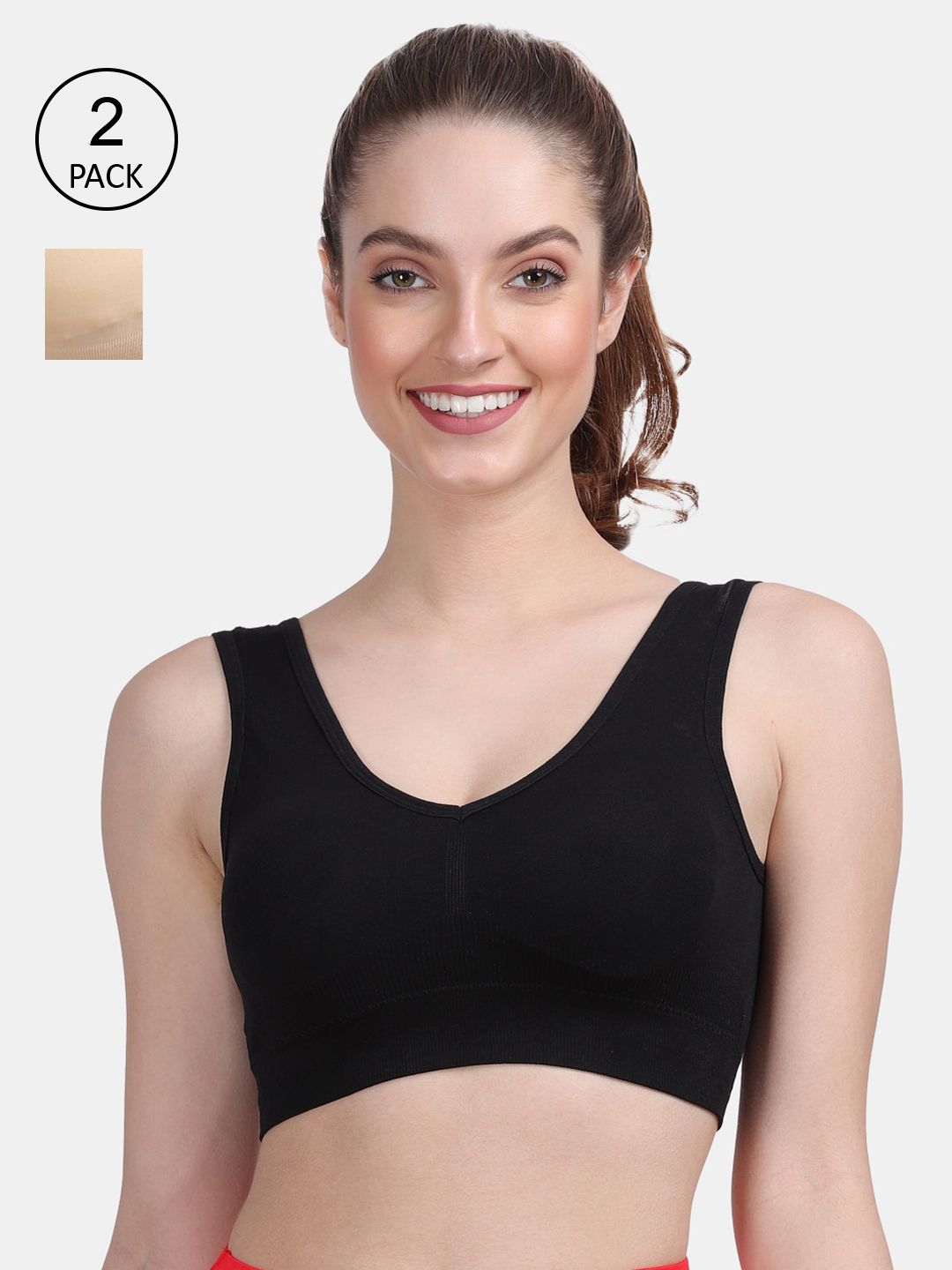 Amour Secret Women Pack of 2 Black & Beige Lightly Padded Sports Bra Price in India
