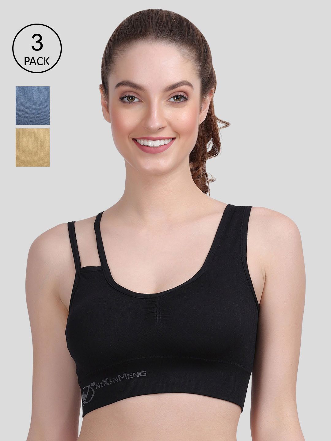 Amour Secret Pack Of 3 Blue & Black  Solid Lightly Padded Sports Bra Price in India