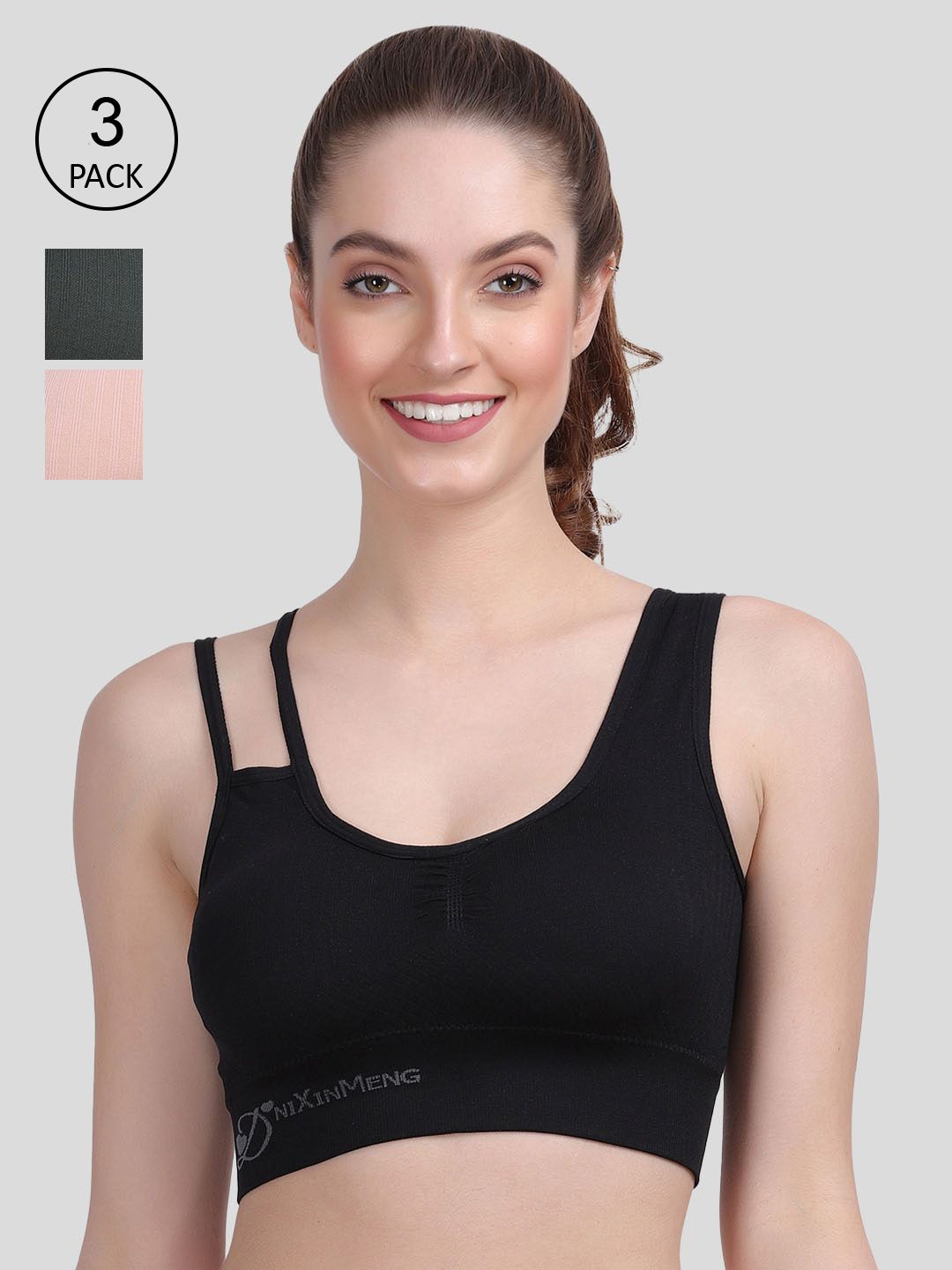 Amour Secret Pack Of 3 Black & Peach Lightly Padded Sports Bra Price in India