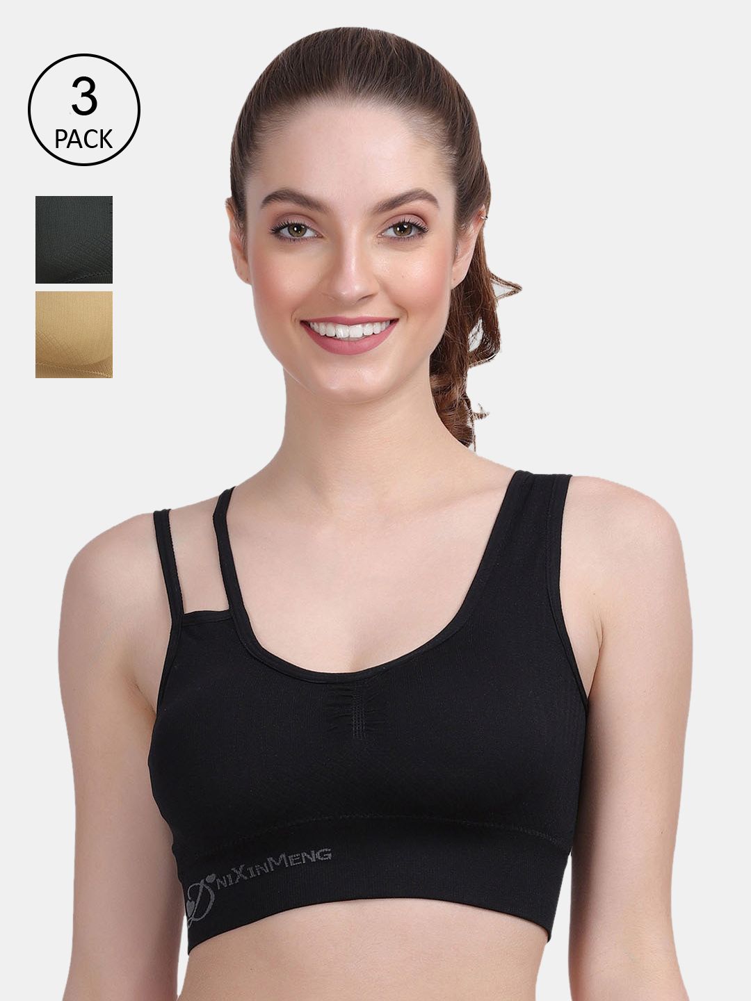 Amour Secret Black & Gold-Toned Pack Of 3 Sports Bra Price in India