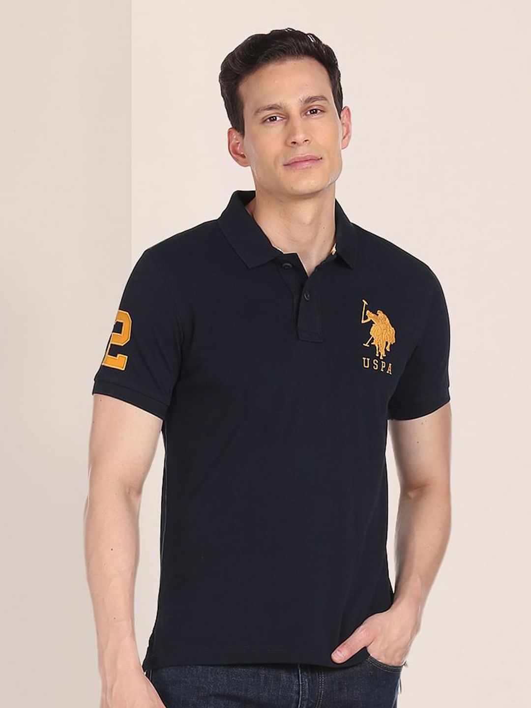 U.S. Polo Assn. Men Navy Blue Solid Polo Collar Pure Cotton Slim Fit T-shirt