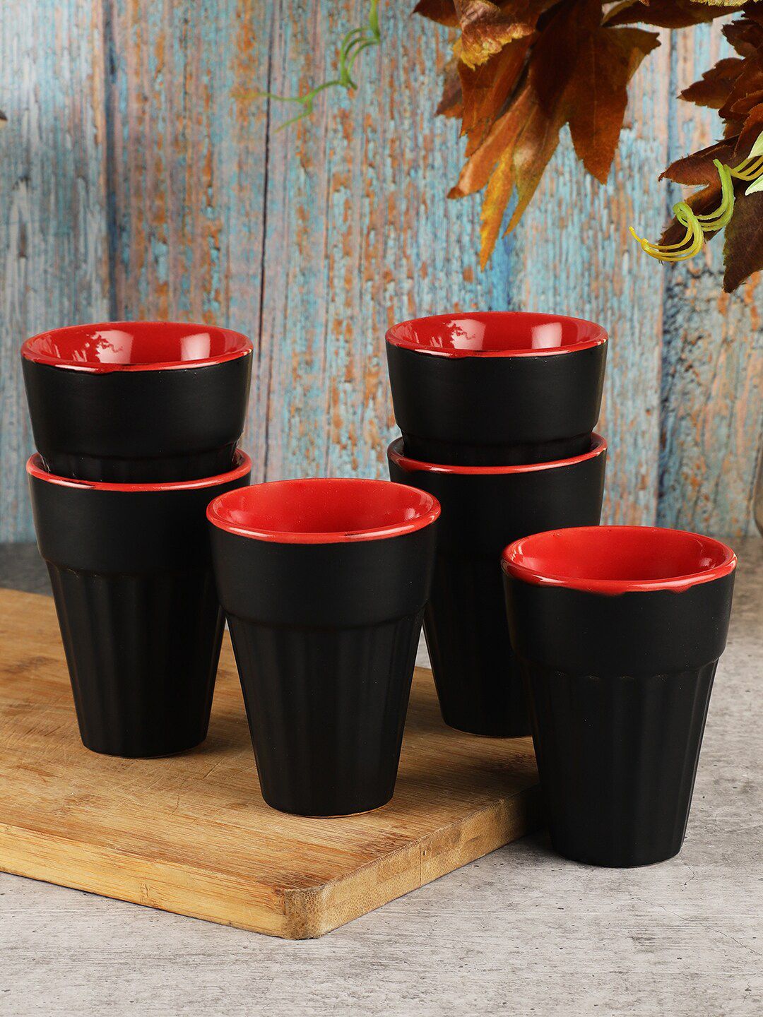 MIAH Decor Pack of 6 Black & Red Ceramic Textured Glasses Price in India