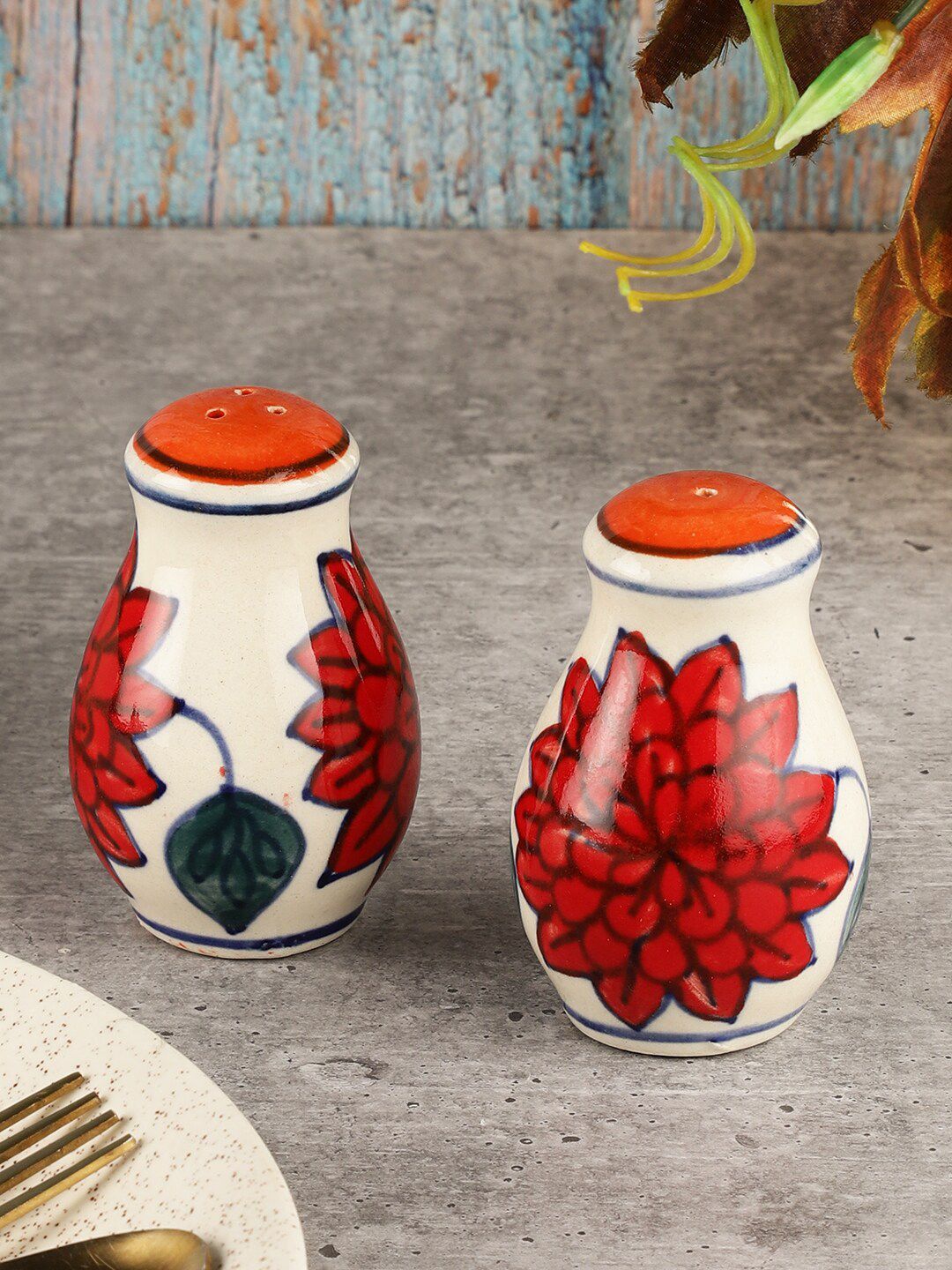 MIAH Decor Set Of 2 White & Red Ceramic Salt & Pepper Shakers Price in India