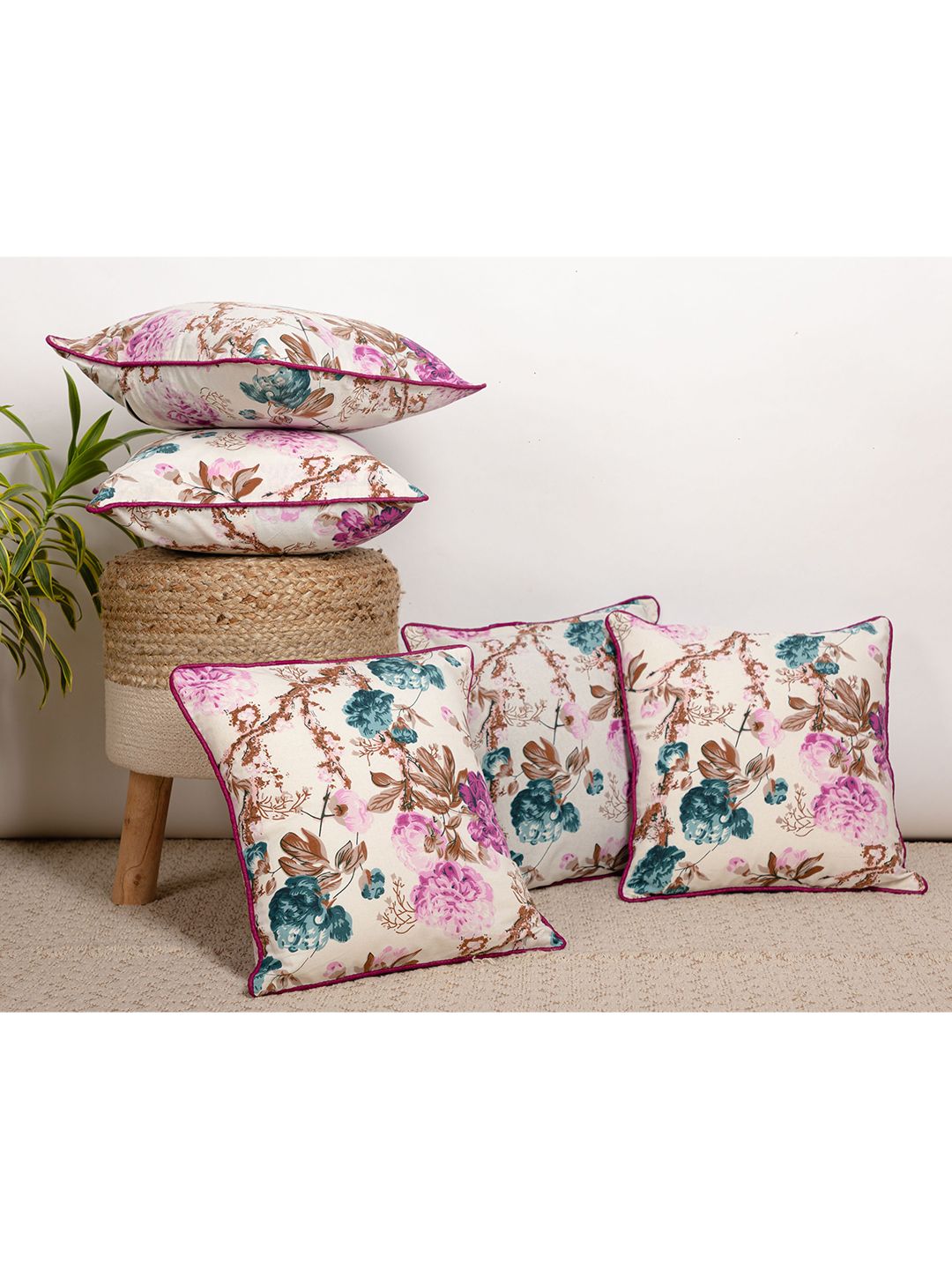 Jaipur Folk White & Pink Pack of 5 Floral Printed Square Cushion Covers Price in India