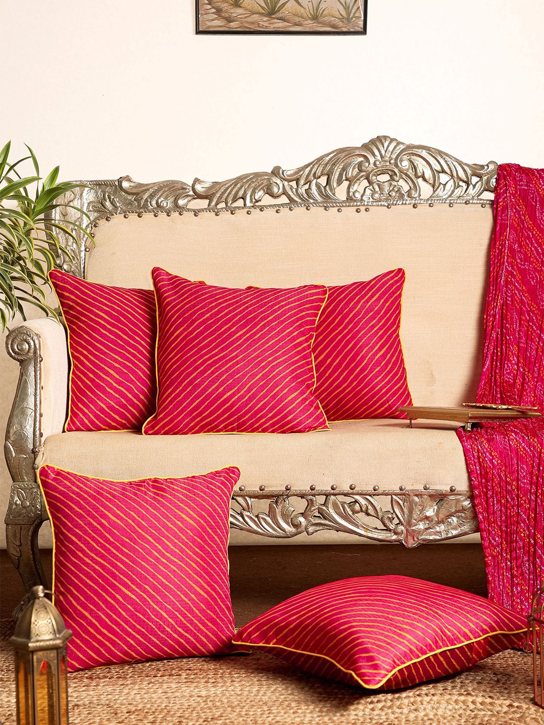 Jaipur Folk Pink & Yellow Set of 5 Striped Square Cushion Covers Price in India