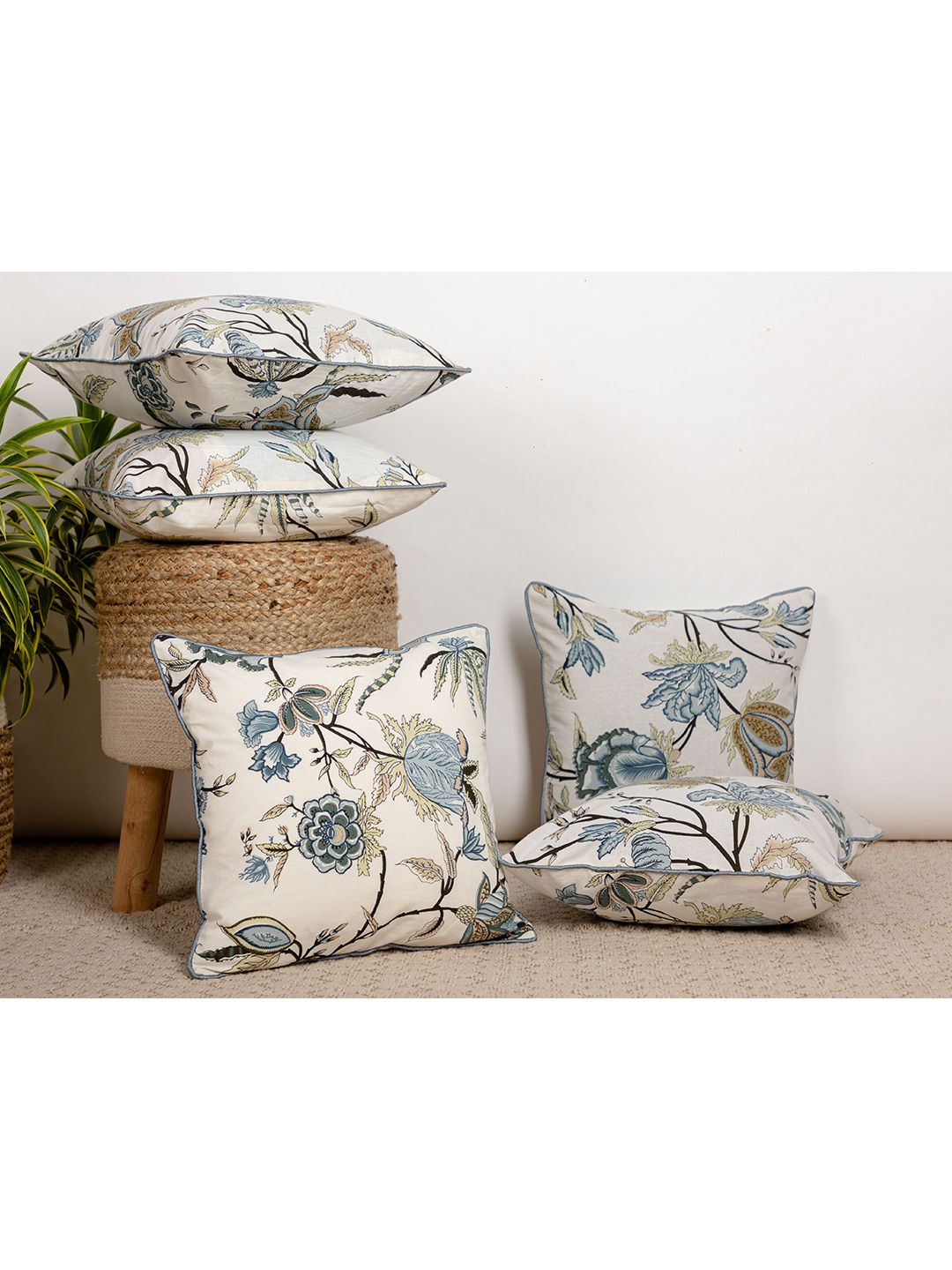 Jaipur Folk Pack Of 5 White & Blue Floral Square Cushion Covers Price in India