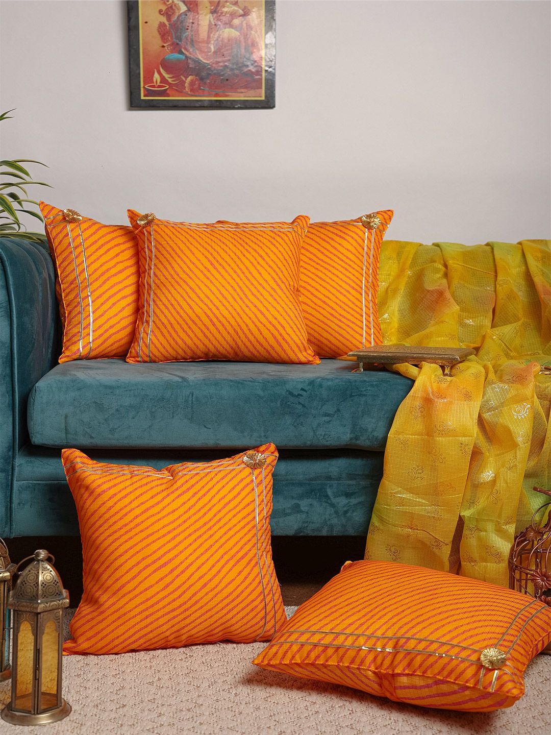 Jaipur Folk Orange & Gold-Toned Set of 5 Embellished Square Cushion Covers Price in India