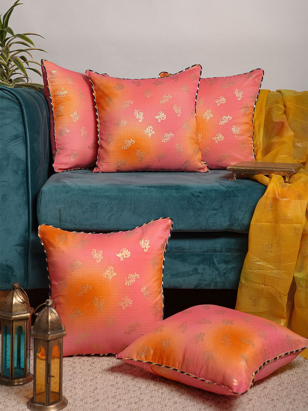 Jaipur Folk Pink & Orange Set of 5 Ethnic Motifs Square Cushion Covers Price in India