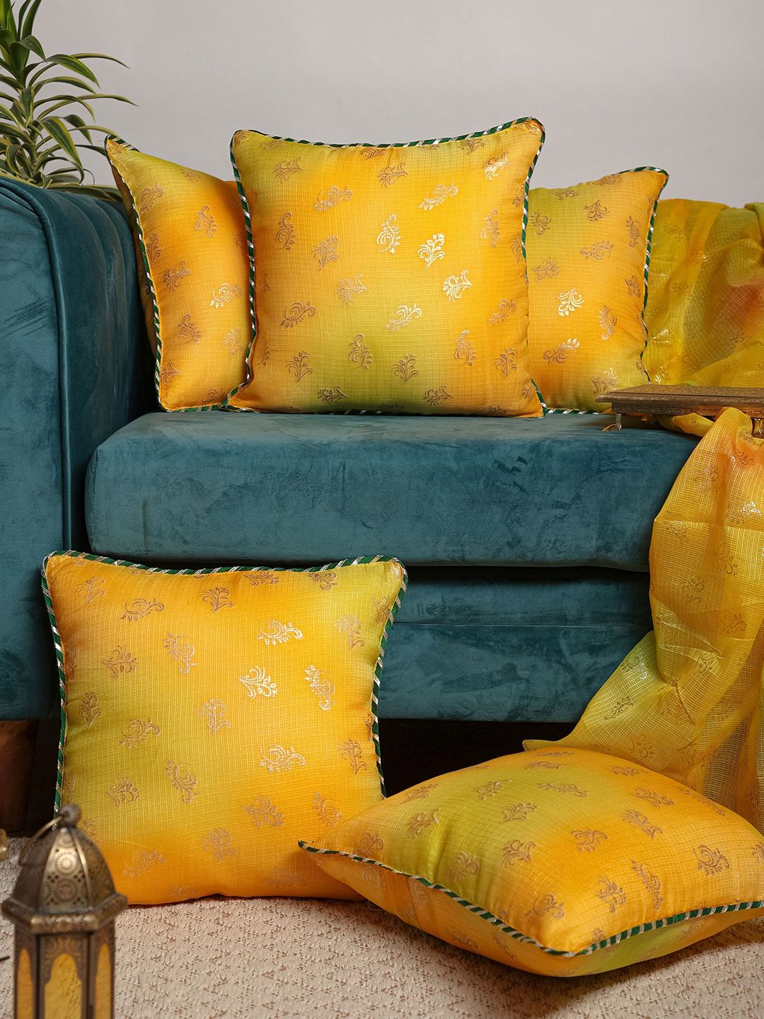Jaipur Folk Yellow & Gold-Toned Set of 5 Ethnic Motifs Square Cushion Covers Price in India
