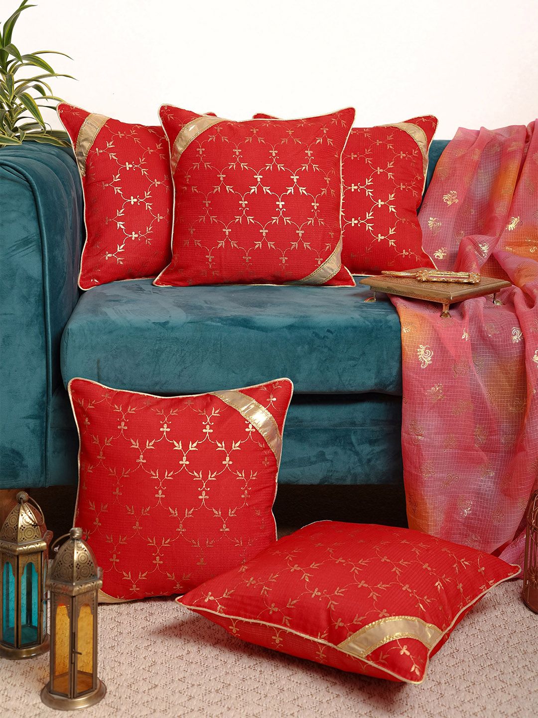 Jaipur Folk Red & Gold-Toned Set of 5 Floral Square Cushion Covers Price in India
