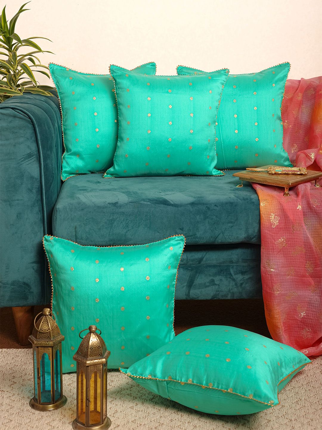 Jaipur Folk Sea Green & Grey Set of 5 Embellished Square Cushion Covers Price in India