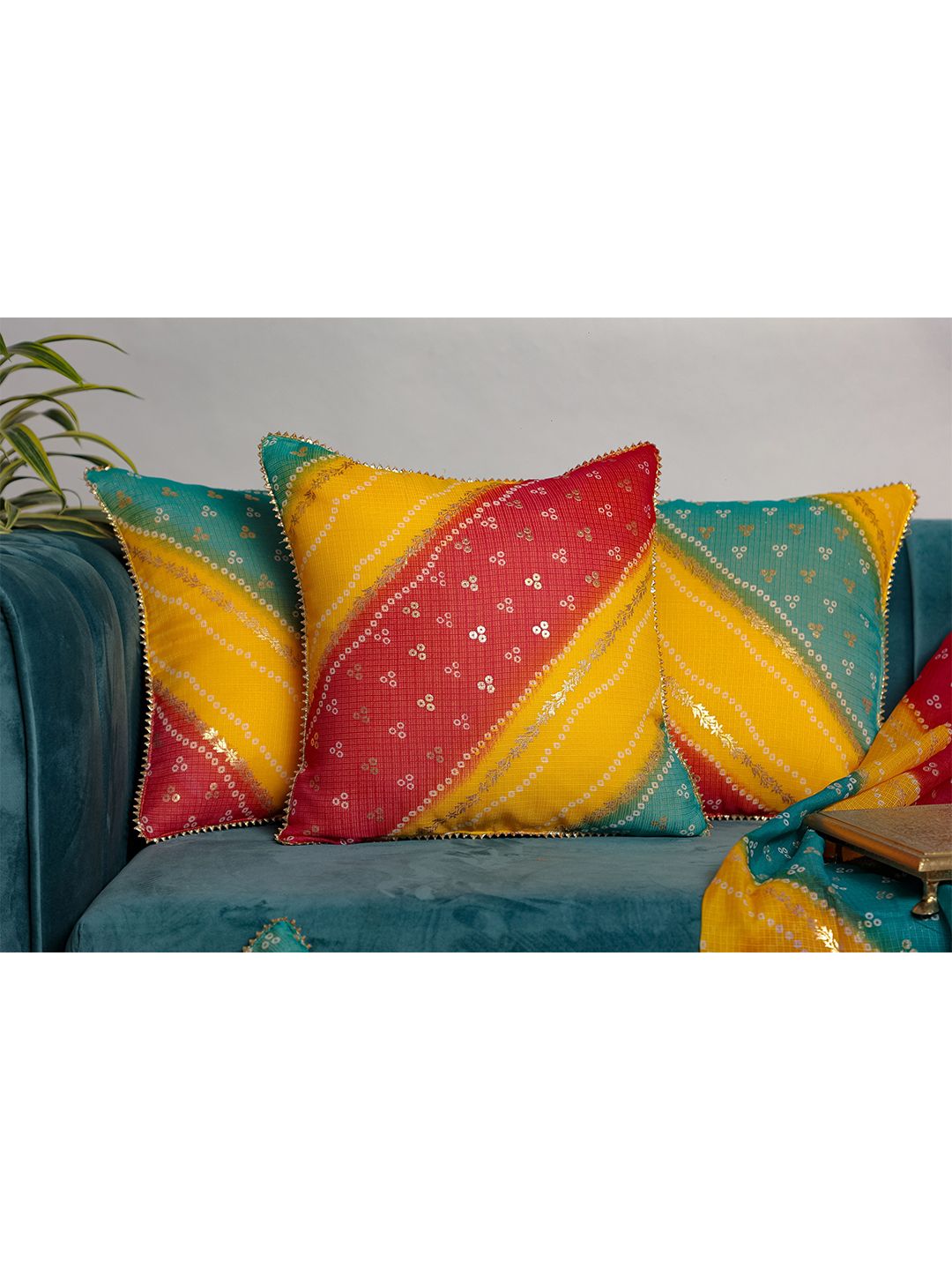 Jaipur Folk Green & Red Set of 5 Colourblocked Square Cushion Covers Price in India