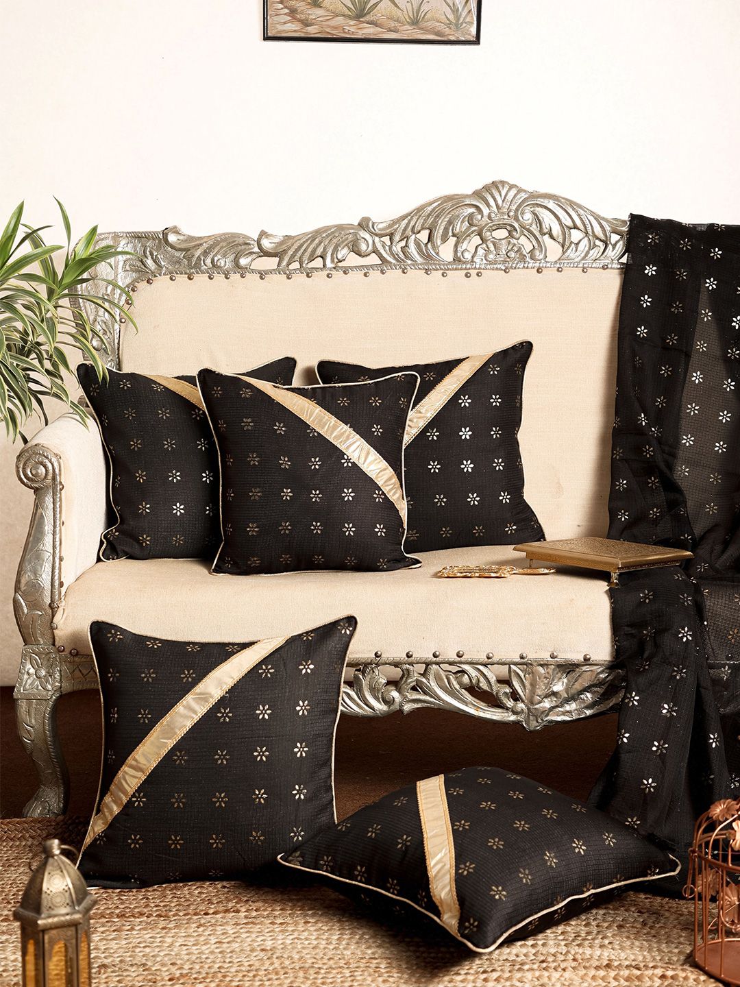 Jaipur Folk Black & Gold-Toned Set of 5 Embellished Square Cushion Covers Price in India