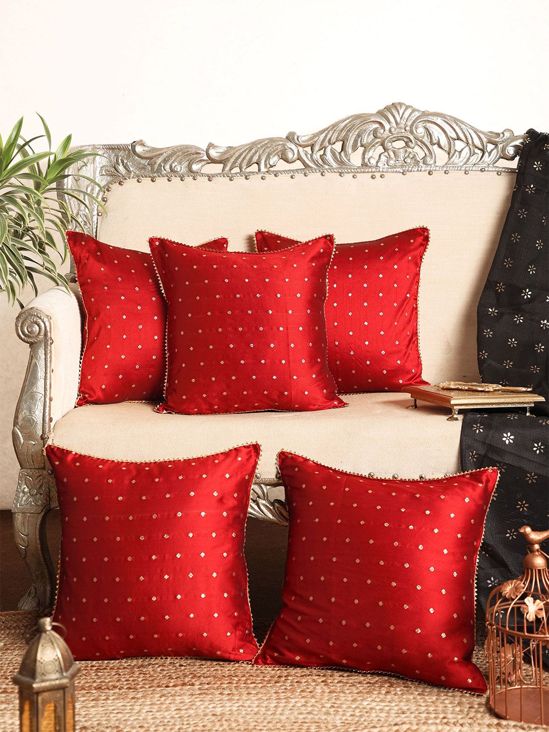 Jaipur Folk Red & Gold-Toned Set of 5 Embellished Square Cushion Covers Price in India