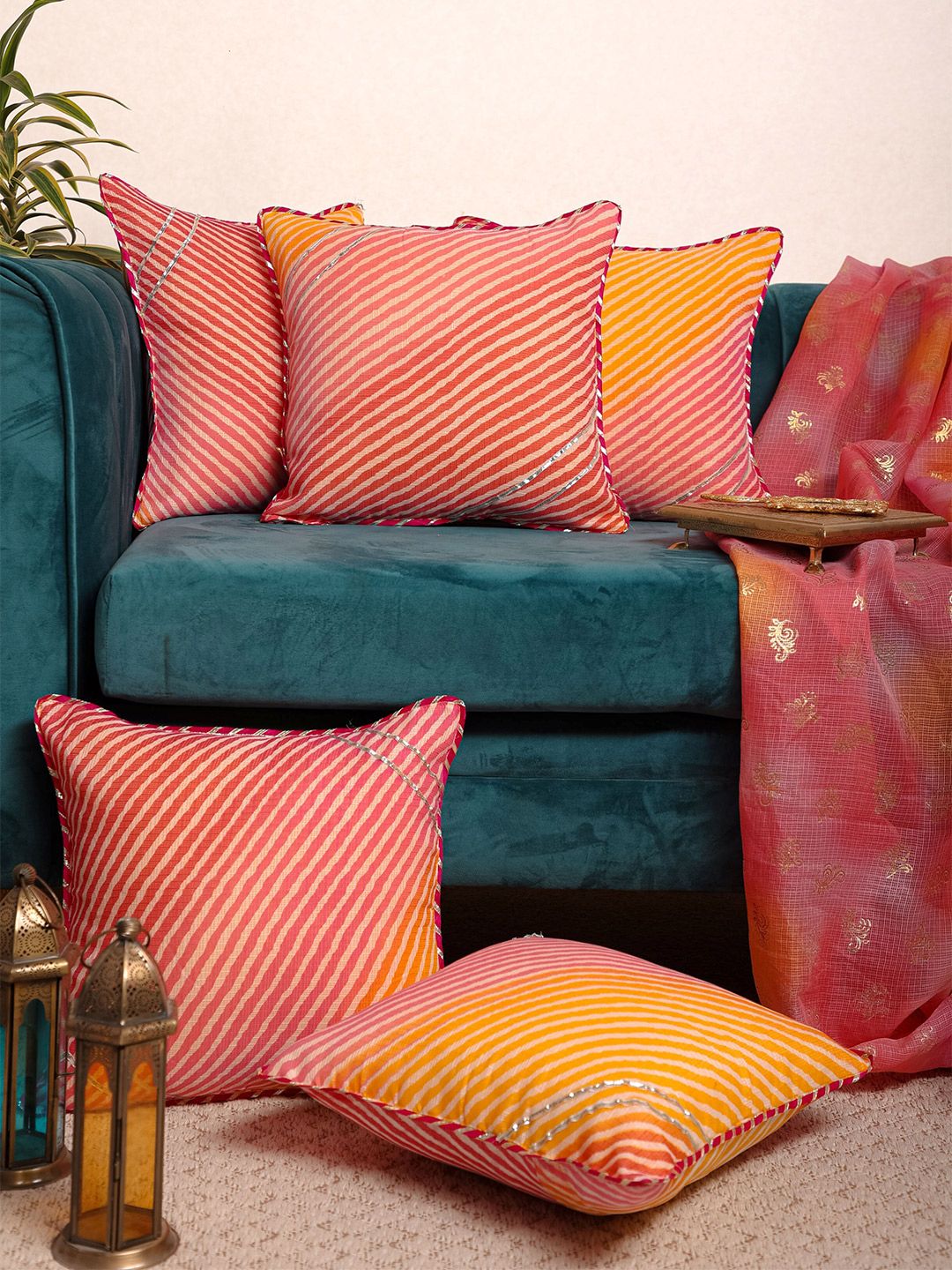 Jaipur Folk Pink & Yellow Set of 5 Striped Square Cushion Covers Price in India