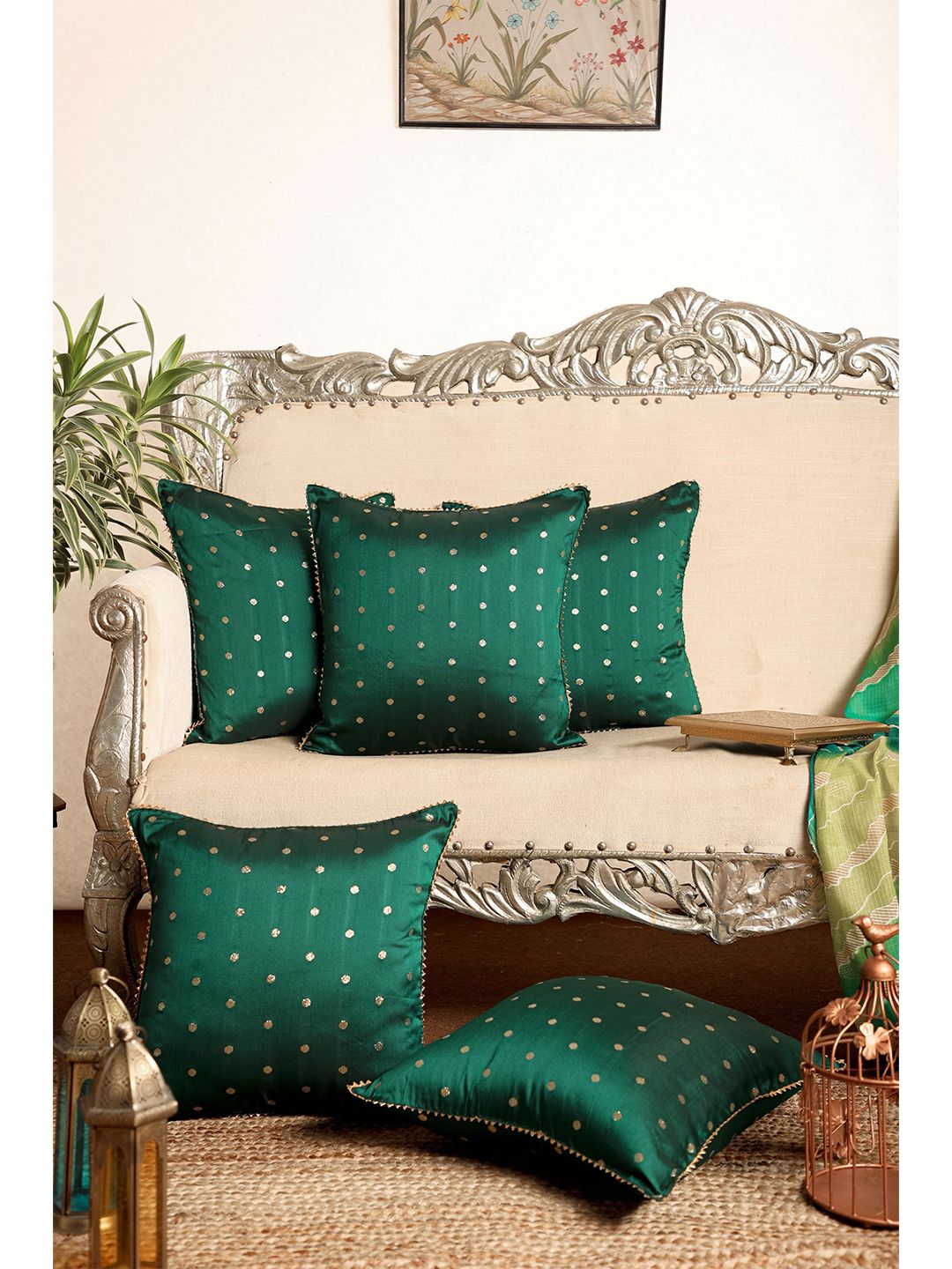 Jaipur Folk Green & Gold-Toned Set of 5 Embellished Square Cushion Covers Price in India