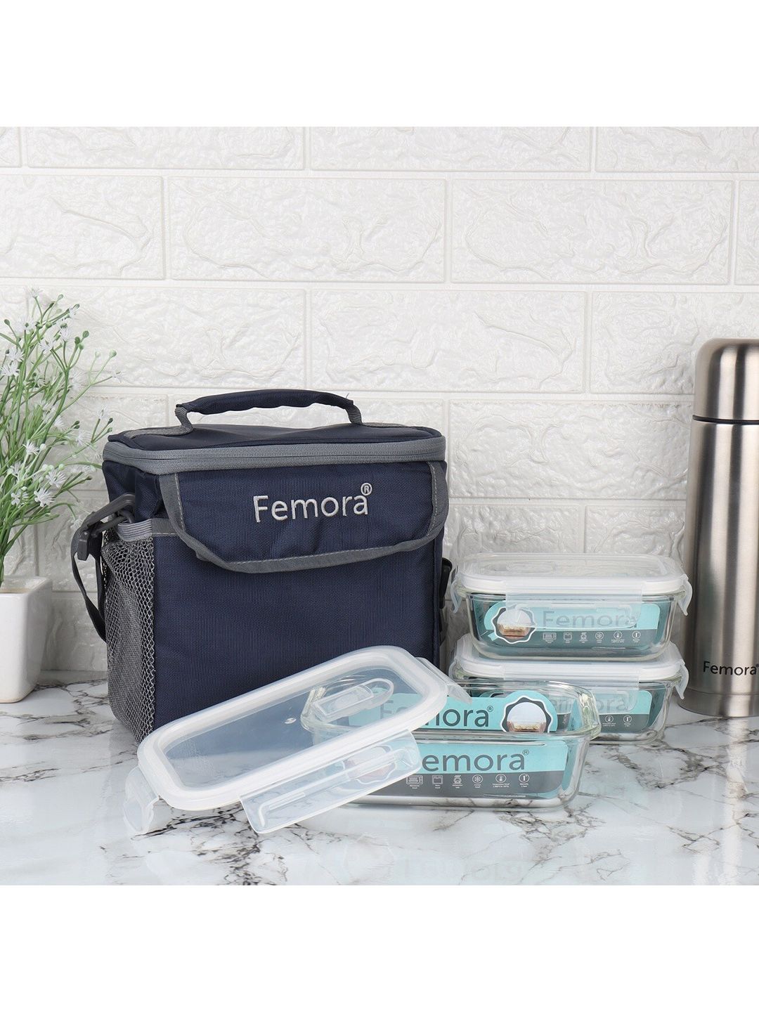 Femora Set Of 3 Blue & Transparent Solid Glass Lunch Box With Bag Price in India