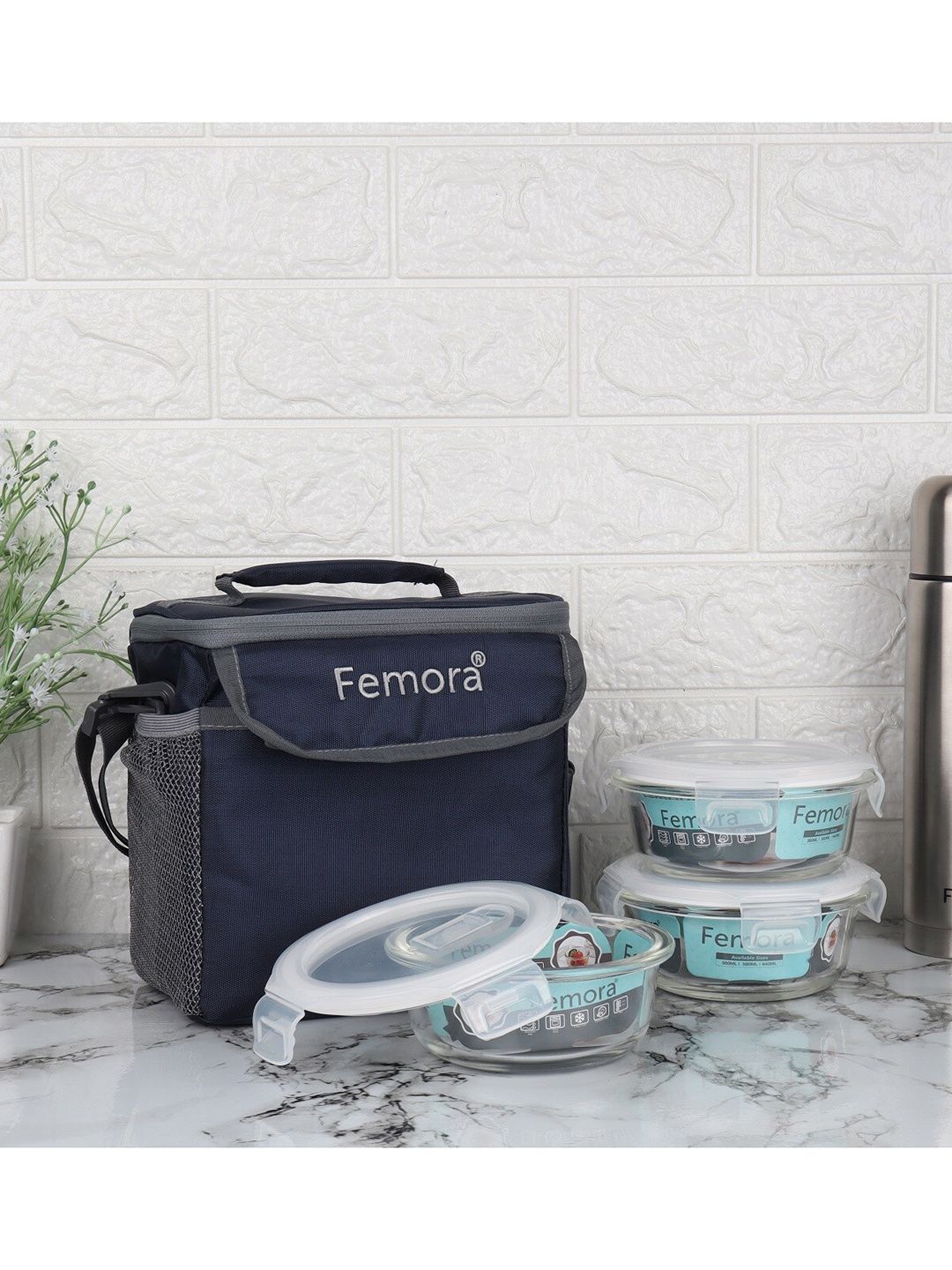 Femora Set Of 3 Blue & Transparent Solid Glass Lunch Box With Bag Price in India