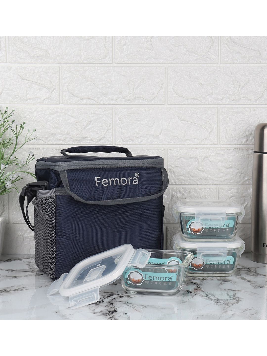 Femora Set of 3 Blue Borosilicate Glass Microwave Safe Container Lunch Box Price in India