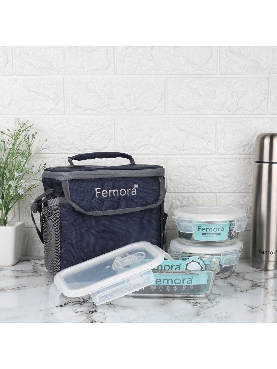 Femora Set of 3 Blue Borosilicate Glass Microwave Safe Container Lunch Box Price in India