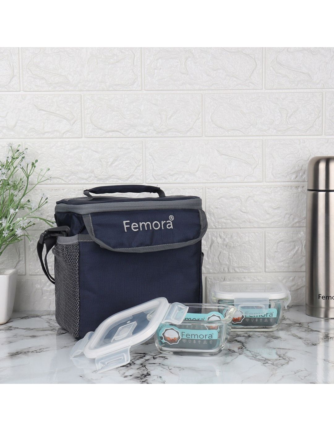 Femora Set of 2 Blue Borosilicate Glass Microwave Safe Container Lunch Box Price in India