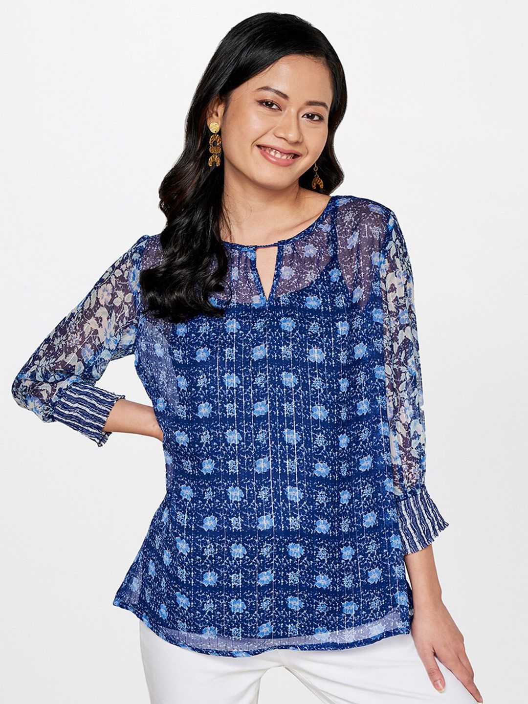 Global Desi Women Blue Floral Printed Keyhole Neck Top Price in India