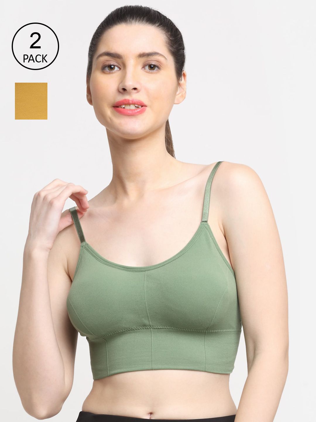 Friskers Women Pack Of 2 Gold-Toned & Olive Green Solid Lightly Padded Sports Bra Price in India