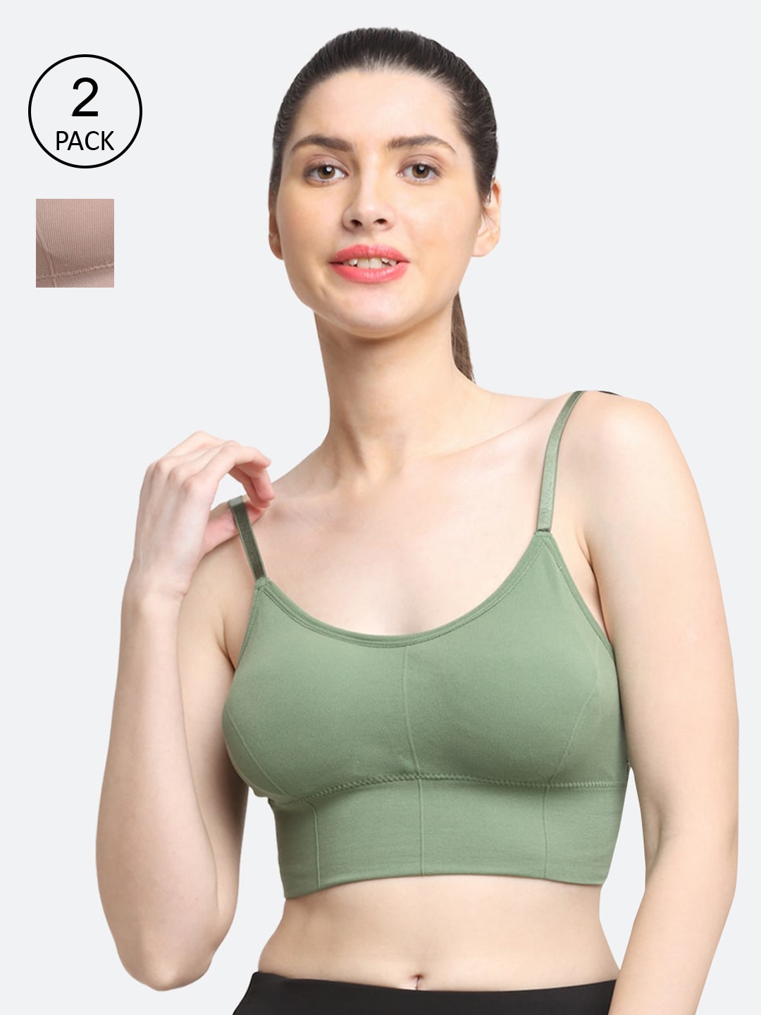 Friskers Women Pack Of 2 Olive Green & Brown Solid Lightly Padded Sports Bra Price in India