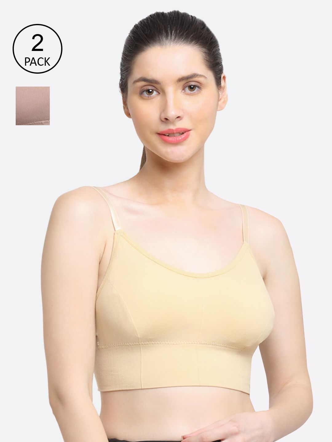 Friskers Set Of 2 Beige & Pink Lightly Padded & Non Wired Solid Workout Bra Price in India