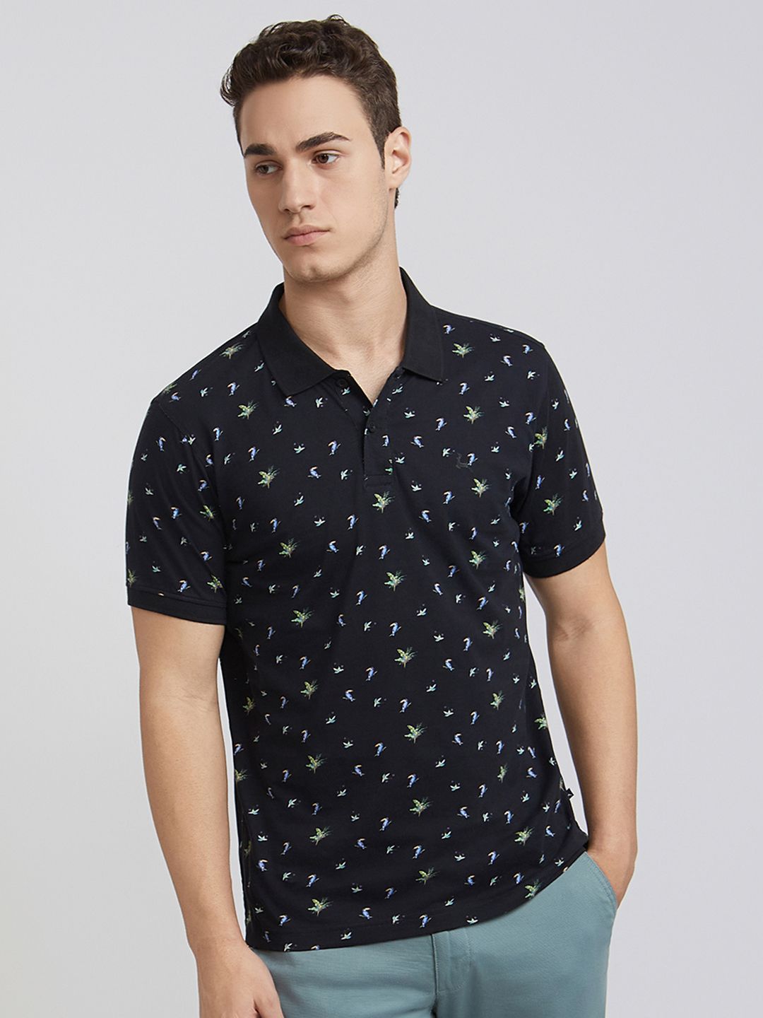 Parx Parx Men Black Printed Polo Collar Cotton T-shirt
