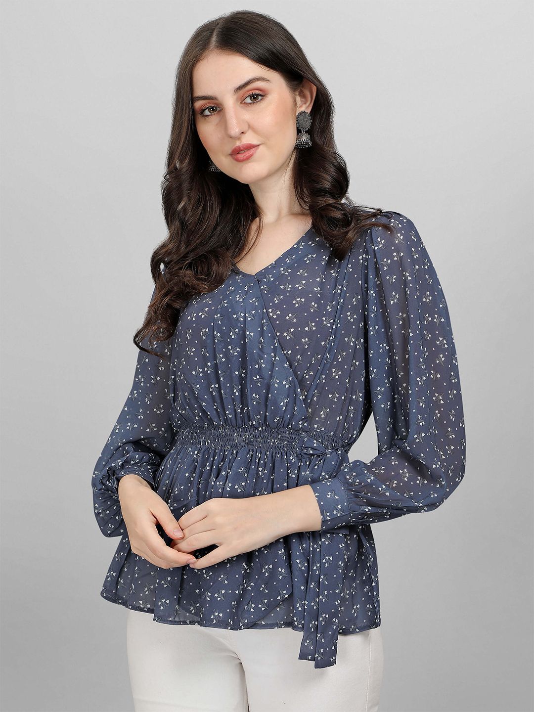 Masakali.Co Women Navy Blue Floral Print Georgette Wrap Top Price in India