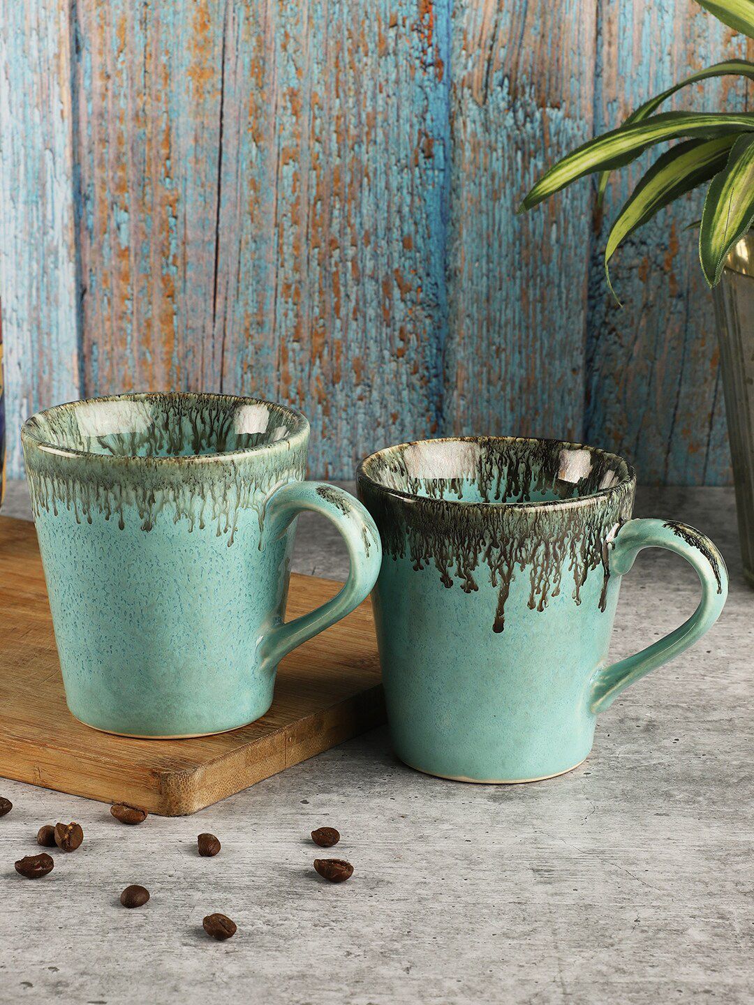 MIAH Decor Green & Beige Set of 2 Cups and Mugs Printed Porcelain Glossy Mugs Price in India