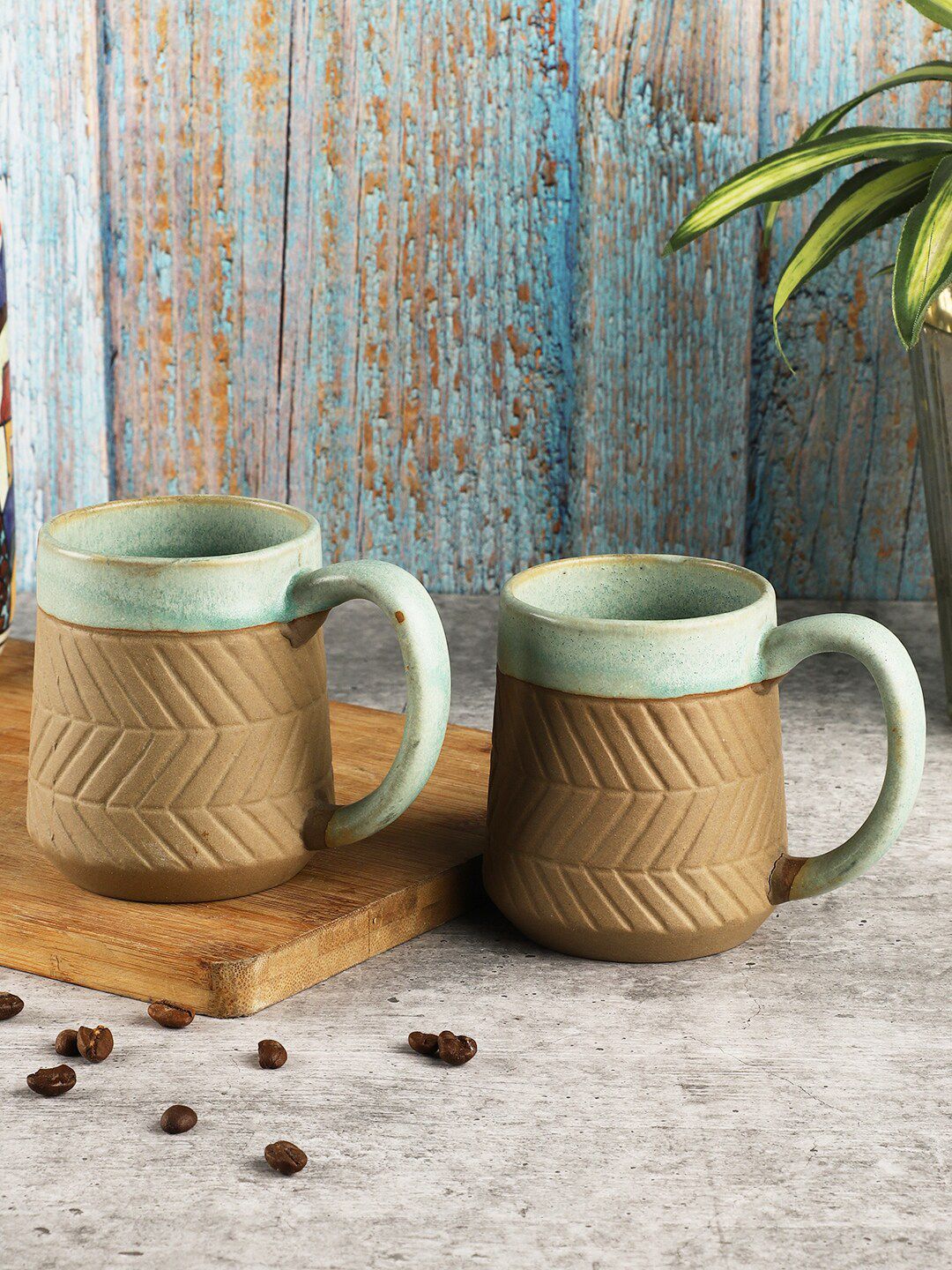 MIAH Decor Brown & Green Set of 2 Cups and Mugs Textured Stoneware Matte Mugs Price in India