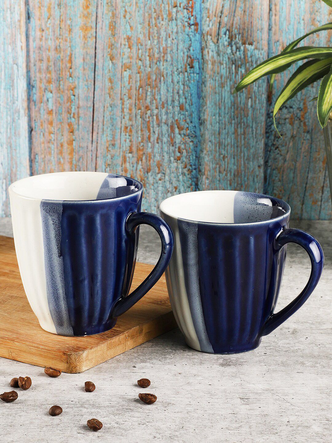 MIAH Decor Blue & White Set Of 2 Textured Porcelain Glossy Mugs Cups and Mugs Price in India