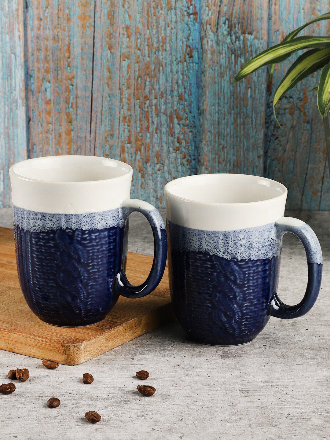 MIAH Decor Blue & White Set of 2 Painted Textured Porcelain Glossy Mugs Cups and Mugs Price in India