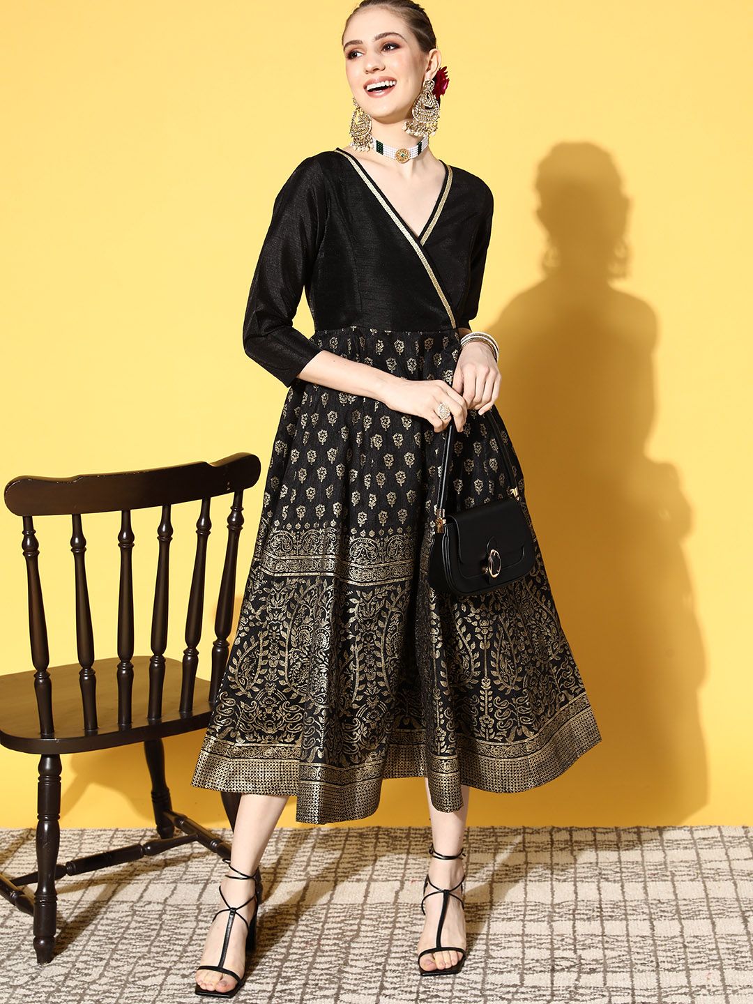 Shae by SASSAFRAS Women Black Polyester Brocade Ethnic Dress Price in India