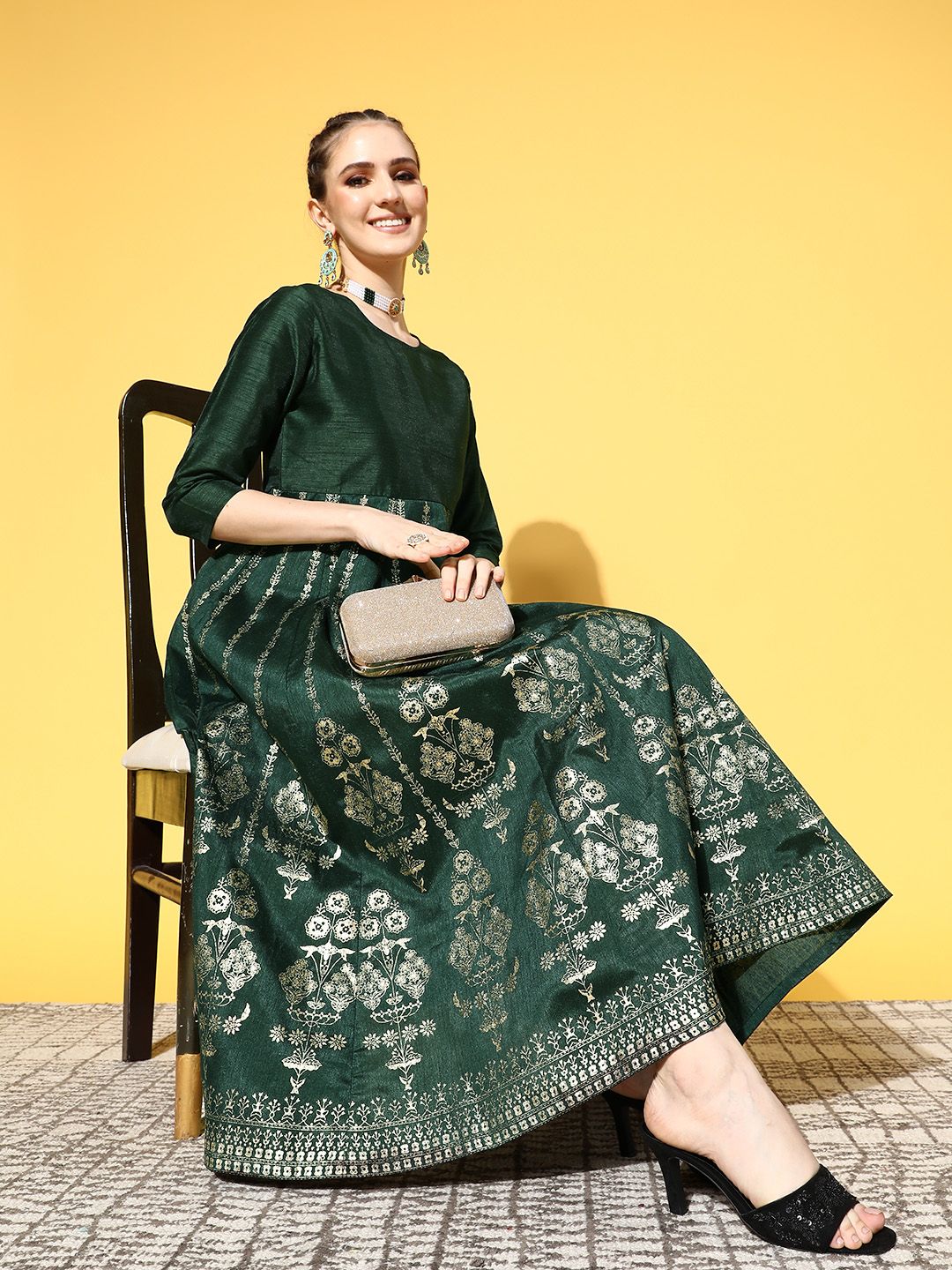 Shae by SASSAFRAS Women Gorgeous Green Polyester Brocade Ethnic Dress Price in India