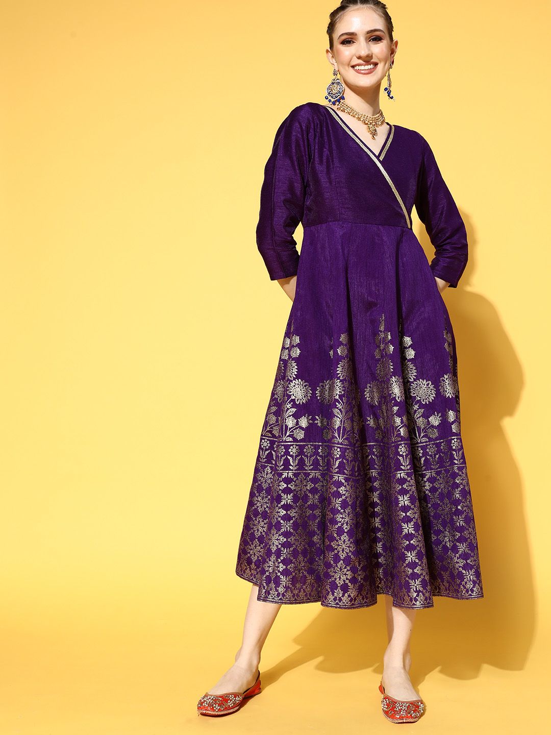 Shae by SASSAFRAS Women Purple Polyester Brocade Ethnic Dress Price in India